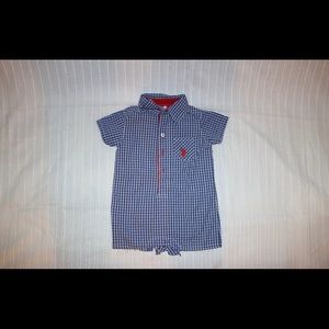 Blue and white baby boys collared romper.